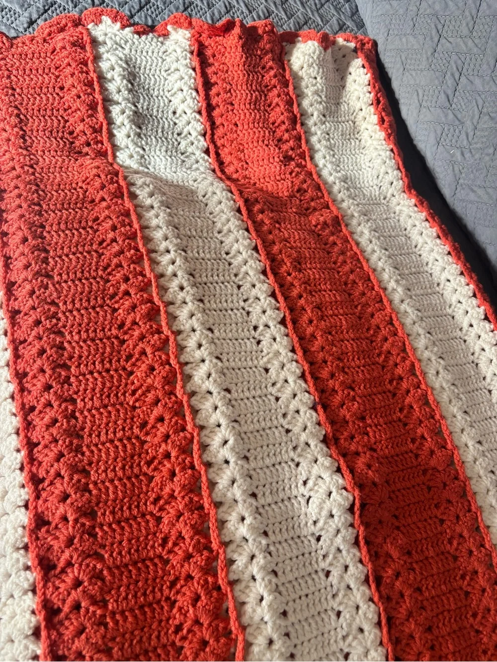 Hand-Crocheted Coral and Cream Stripe Throw Blanket